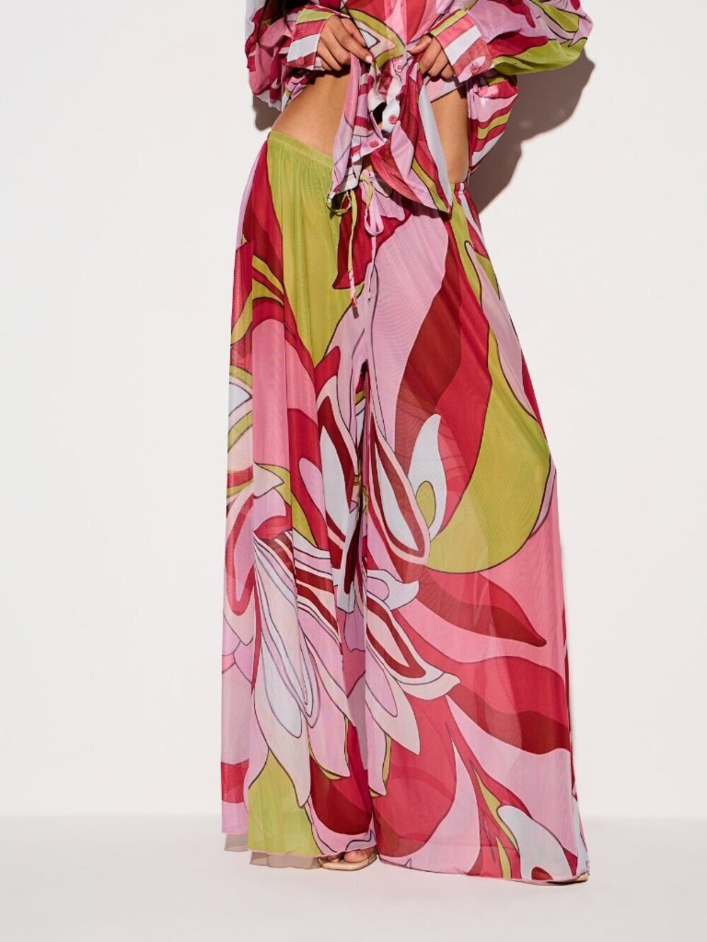 Boho Women's Wide Leg Sheer With Bold Abstract Drawstring Waist Palazzo Pants